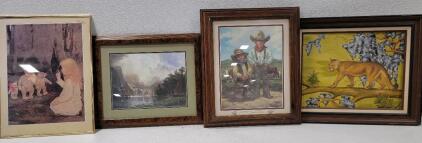 (1) Jessie Willcox Smith, Goldilocks & The Three Bears, Vintage Print, 18x 24" (1) Poster Vel Miller Cowboy Children 20" x 24" Art 1977 Sidekick Print Framed (1) Albert Bierstadt &ldquo;Among the Sierra Nevada&rdquo; Print 23.5" x 19.5" (1) Mountain Lion Painting by 