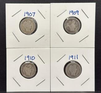 1907, 1909, 1910, 1911 Barber Dimes, U.S. Mint, Silver Content