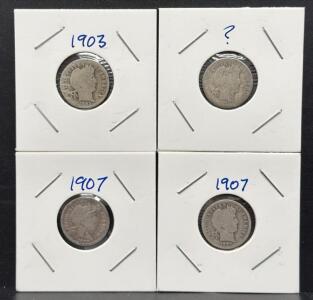 (4) Piece Barber Dime Coin Collection, United States, 1903 & 1907, 90% Silver