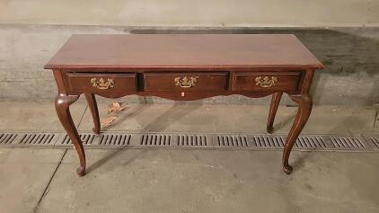Traditional Wooden Coffee Table with 3 Drawers, Brown Finish, Brass Handles