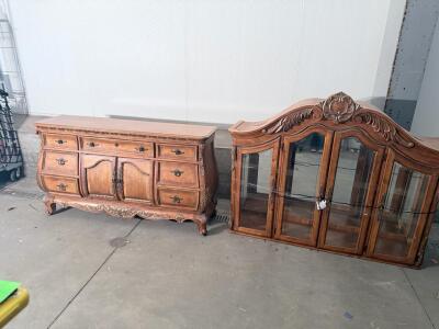 Antique Wooden Buffet and Hutch with Ornate Carvings, 7 Drawers, 3 Shelves