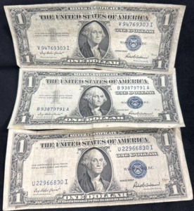 3 U.S. Silver Certificate Blue Seal $1 Bank Notes
