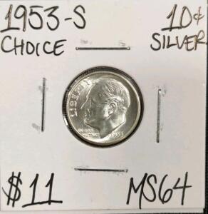 1953-S MS64 Choice Silver Roosevelt Dime