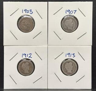 1903, 1907, 1912, 1913 Barber Dime Coin Set, U.S. Mint, 90% Silver