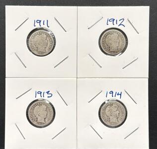 (4) Piece United States Barber Dime Coin Set 1911-1914, 90% Silver Composition