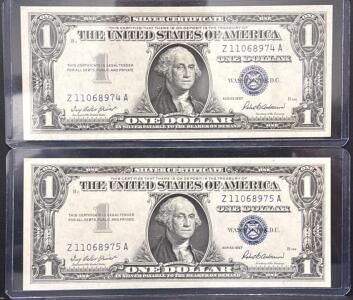 (Consecutive) 1957 U.S. One Dollar Silver Certificates, Consecutive Serial Numbers, Blue Seal