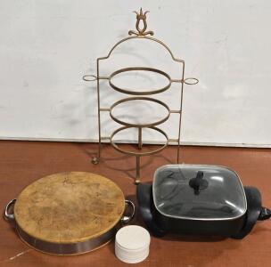 WestBend 12" Electric Skillet, Vintage Plate Holder, Cutting Board & Stone Coasters