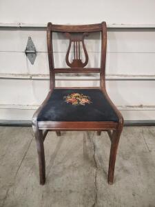 Antique 19th Century Lyre Back Chair, Wood, Floral Embroidery Upholstery