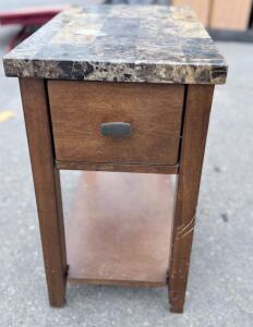 Dark Wood End Table with Faux Marble Top, 1 Drawer, and Shelf