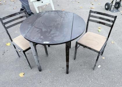 Round Wood Dining Table Set with 2 Chairs, Dark Wood Finish, Fabric Seats