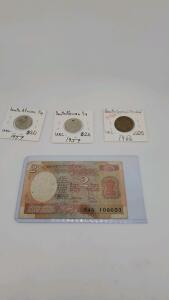 (2) South African 1/4 Uncirculated Coins 1957 (1) South Koran "10 Won" Toned 1966 Uncirculated Coin, Rare Indian 2 Rupee Banknote