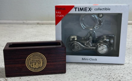 (1) Wooden Box W/ A Brass Medallion- Used For Holding Business Cards & (1) Timex Collectible Mini Watch Rotary Car Model
