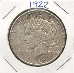 1922 United States Peace Dollar Coin, Silver, Lady Liberty and Eagle Designs
