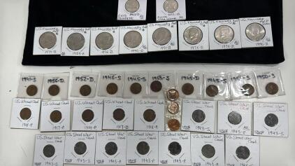 U.S. Coim Lot - Wheat Cents Years 1914-1956 , Steel War Cents 1943 , Quarters 2022-23, U.S. Kennedy Half Dollars 1971-1990