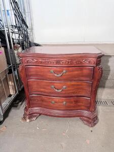 Dark Cherry Wooden Nightstand with 3 Drawers, Ornate Design