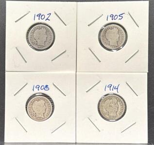 Set of 4 Barber Dimes 1902, 1905, 1908, 1914, 10 Cents, U.S. Mint