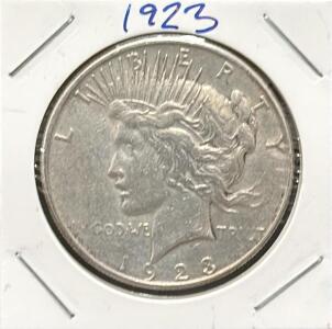 1923 United States Peace Dollar Coin, 90% Silver, $1 Denomination