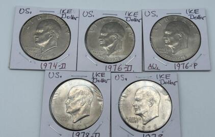 5 Eisenhower Dollars - (1) 1974-D, (1) 1976-D, (1) 1976-P, (1) 1978, (1) 1978-D