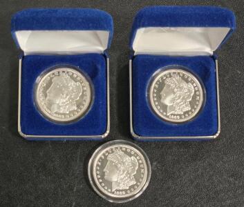 (3) 1889 US Morgan Silver Dollar Coin Copies w/ (2) Commemorative Cases