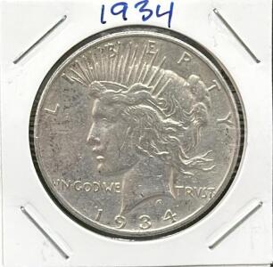 1934 U.S. Peace Dollar Coin, Silver Composition, One Dollar Denomination