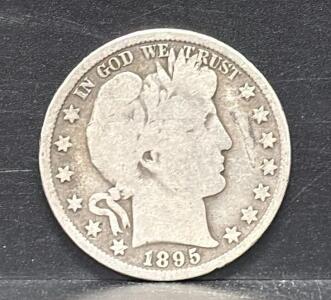1895 United States Barber Half Dollar Coin, 90% Silver