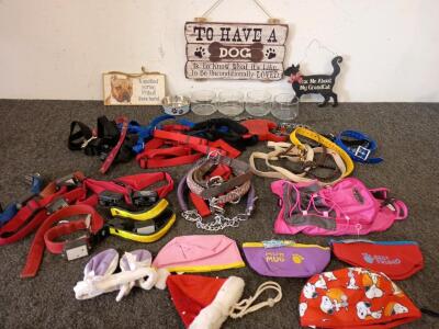 Lot of Pet Harnesses, Leashes, Collars (7) Shock Collars, (4) Pet Signs, (5) Pet Dish Bowls (6) Pet Hats