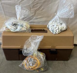 Tool Box With Wall Anchors, Speaker Wire, Chandelier Wire And Other Various Tools