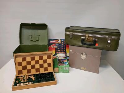 Complete Wooden Chess And Checkers Set, Little Mermaid 300 Piece Puzzle, (2) File Storage Boxes, Small Suitcase