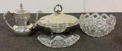 (1) Oneida Jefferson Silver-Plated Candy Dish, (1) Silver Toned Tea Pot, And (2) Glass Dishes