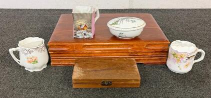 (3) Antique Mustache Cups, (1) Silverware Set, (1) Vintage Simmons Steak Knives, And More!