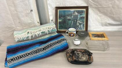 (2) Woven Blankets (2) Pyrex Glass Containers (1) Vintage Tin Mug & More