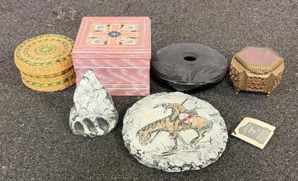 (1) End Of The Trail By Stan Langwait, (1) Blackware Pottery, (1) Jewelry Box, And More!