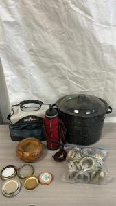 (1) Speckled Cast Iron Stick Pot (1) Igloo Playmate Lunch Box & More