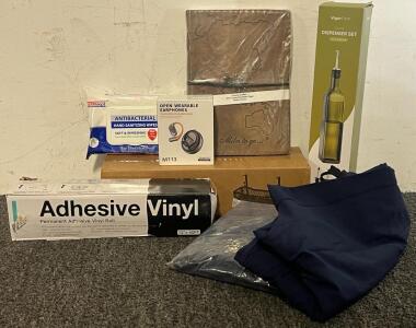 Bluetooth Earphones, (2) Pairs Of Mens Jogging Pants (XL), White Adhesive Vinyl (12&rdquo;x40&rsquo;), Oil / Vinegar Bottle & More