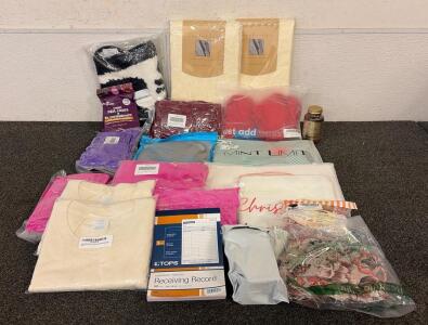 BRAND NEW PRODUCTS!! Including (2) New Bridge Fabric Table Cloths, (1) Packet Of Kiki Green Irish Sea Moss And Elderberry Supplements, (1) Neck Cooler, And So Much More!