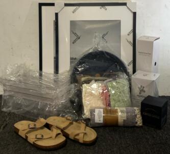 (2) Pcs Picture Frames (21&rdquo;x17&rdquo;), Plastic Organizers, Women&rsquo;s Sandals (39), Heated Desk Pad & More