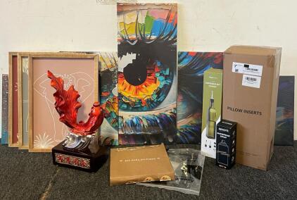 Abstract Wall Art, Throw Pillow Inserts (18&rdquo;x18&rdquo;), Oil / Vinegar Bottle, Chinese Fish Statue, Dough Rolling Mat & More