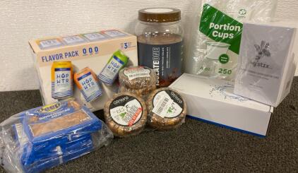 100% Whey Protein Isolate Powder Gormet Chocolate, 12 Pack Sparkling Hop Water, (2) Sink Bounce Core Drain Strainers, (250) 4oz Portion Cups, Coffee Stirrers, Sun Dried Turkish Figs, Peeps GingerBread Men