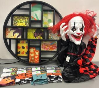 Halloween Decor Including Garden Flags, Clown, and Picture Frame
