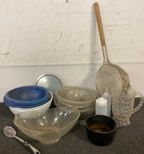 Mini Cast Iron Pot, Various Plastic Bowls, Strainers, Big Metal Sifter And More