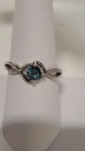Faceted Aquamarine Gemstone Round Cut .925 Ring Size 9