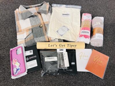 Light Gray and Tan XL Flannel, Ivory Girls Dress, Hand Towels, Drinking Game, His and Hers Vow Books, Eyebrow Stamp Stencil Kits, and Phone Cases
