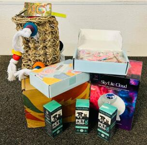 Blisslights Sky Lite Cloud Smart Nebula Light, (3) Charlie and Buddy Pet Hemp Oil, Toddler Hair Accessories, and Parakeet Toy