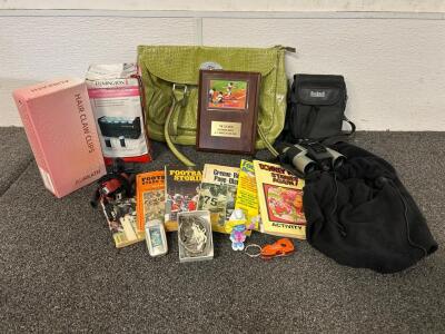 Green Handbag, Hair Claw Clips, Compact Hot Rollers, Bushnell Binoculars, Sports Books, Watch Parts and More
