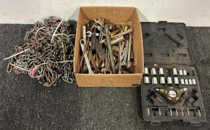 64&rdquo; of Metal Chains, Box of Wrenches & Other Tools, & Socket & Bit Driver Set