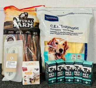 Bag Of Natural Farm Air Dried Dog Treats, Bag Of Oral Hygiene Chews For Dogs, Waterproof Dog Leash, Cat Toy, and (5) Charlie and Buddy Pet Hemp Oils