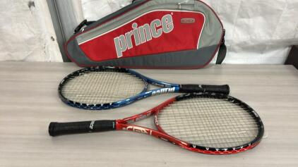 (1) Prince EXO3 Red 105 Tennis Racquet (1) Prince EXO3 Blue 110 Tennis Racquet (1) Prince Tennis Rachet Case