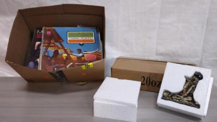 (2) Skeleton House Decor, (1) Box of 20oz. Plastic Cups w/Lids & Straws, & (1) Box of Assorted Vinal Records