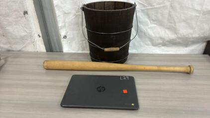 (1) Vintage Wooden Pail (1) Wooden Bat (1) HP Chrome Book