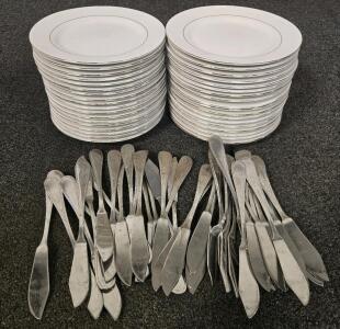(36) Small White Plates w/Butter Knives